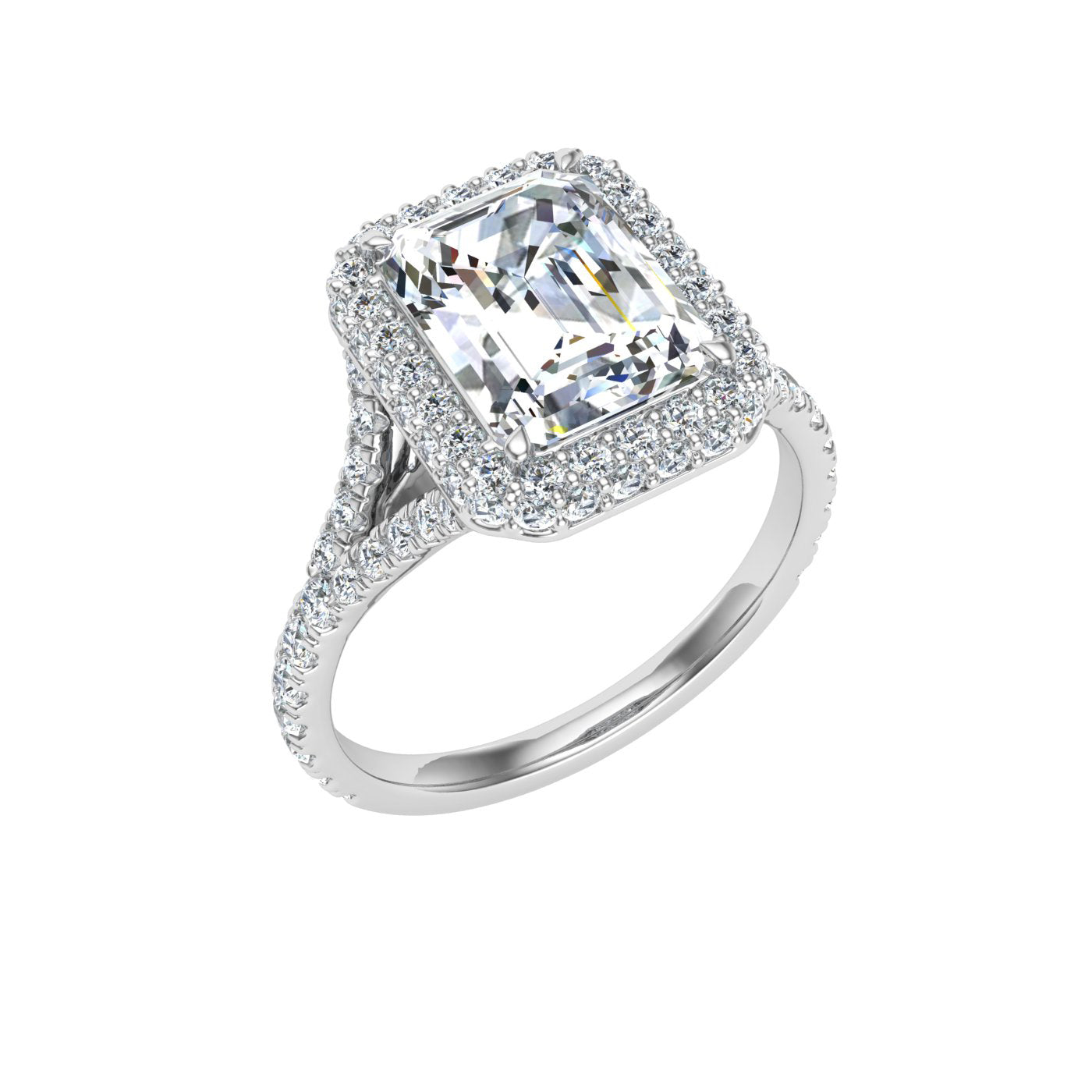 Ensemble Emerald Cut Side Stones Moissanite Engagement Ring White Gold